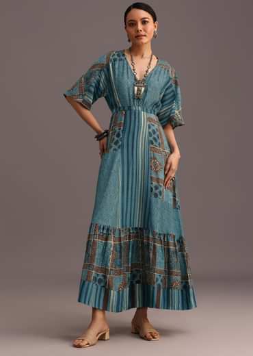 Blue Printed Kurti Dress With Tie Up