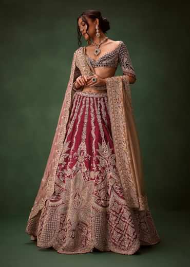 Maroon Raw Silk Lotus Embroidered Kali Lehenga Dupatta Set