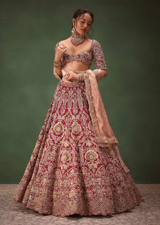 Maroon Raw Silk Hand Embroidered Bridal Lehenga With Two Dupattas