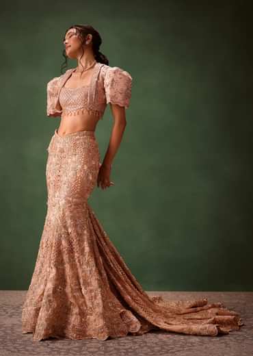 Peach Brocade Cutdana Work Jacket Skirt Suit