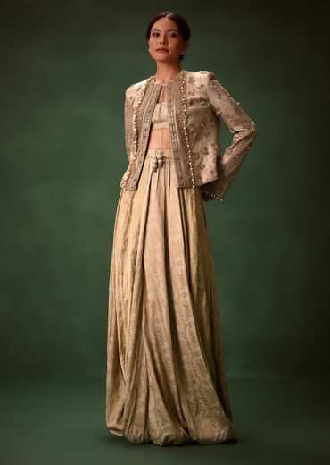 Gold Cowl Dhoti Drape Skirt With Heavy Embroidered Jacket