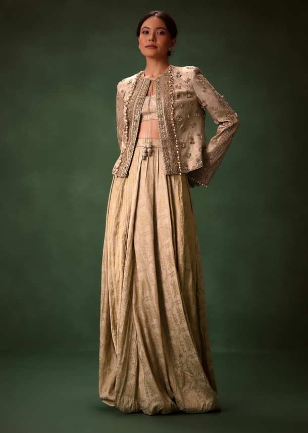Gold Cowl Dhoti Drape Skirt With Heavy Embroidered Jacket