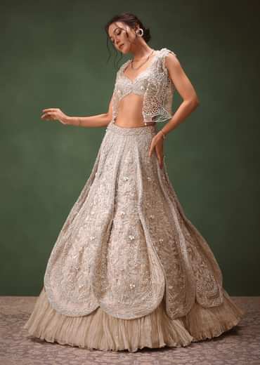 Silver Embroidered Lehenga With Blouse And Jacket