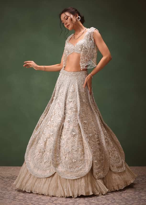 Silver Embroidered Lehenga With Blouse And Jacket