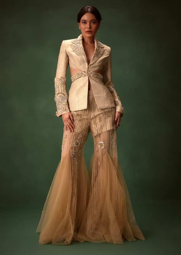 Golden Brocade Palazzo Suit With Frills