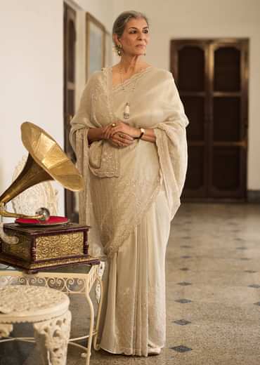 Silver Beige Tissue Sequins Saree With Cutdana Detailing