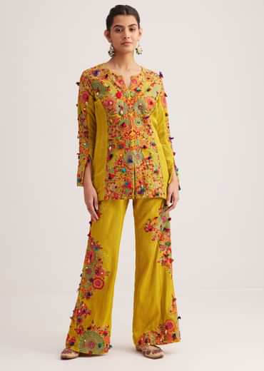 Mustard Silk Kurta Palazzo Set With Resham And Zari Embroidery