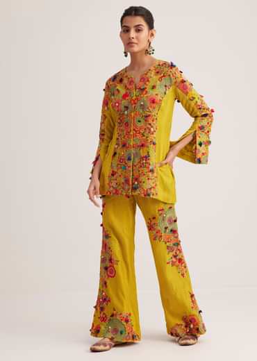 Mustard Silk Kurta Palazzo Set With Resham And Zari Embroidery