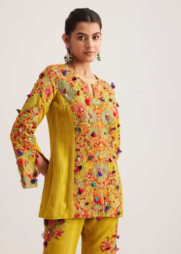 Mustard Silk Kurta Palazzo Set With Resham And Zari Embroidery