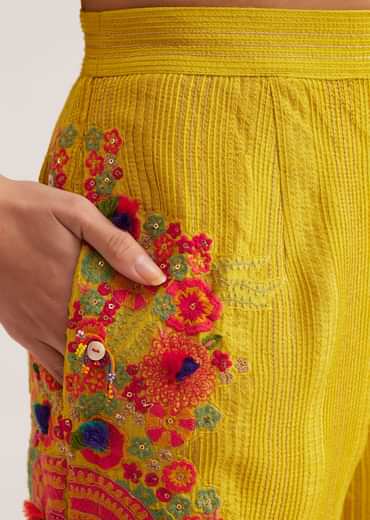 Mustard Silk Kurta Palazzo Set With Resham And Zari Embroidery