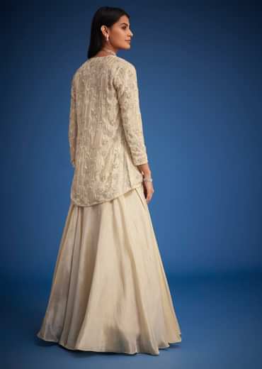 Cream Raw Silk Embroidered Jacket Lehenga Set