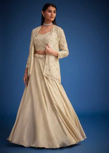 Cream Raw Silk Embroidered Jacket Lehenga Set