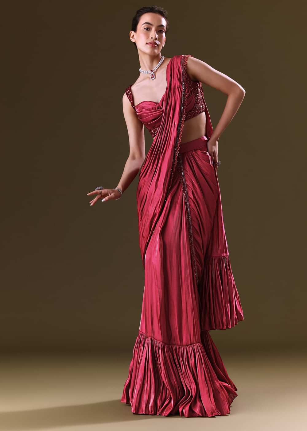 Scarlet Red Fancy Organza Pre Stitched Saree With Pre Pleated Blouse
