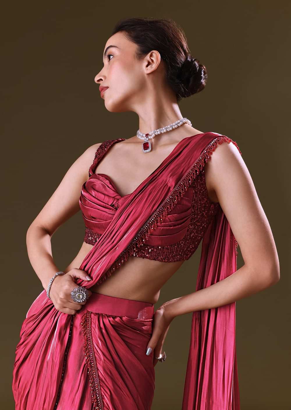Scarlet Red Fancy Organza Pre Stitched Saree With Pre Pleated Blouse