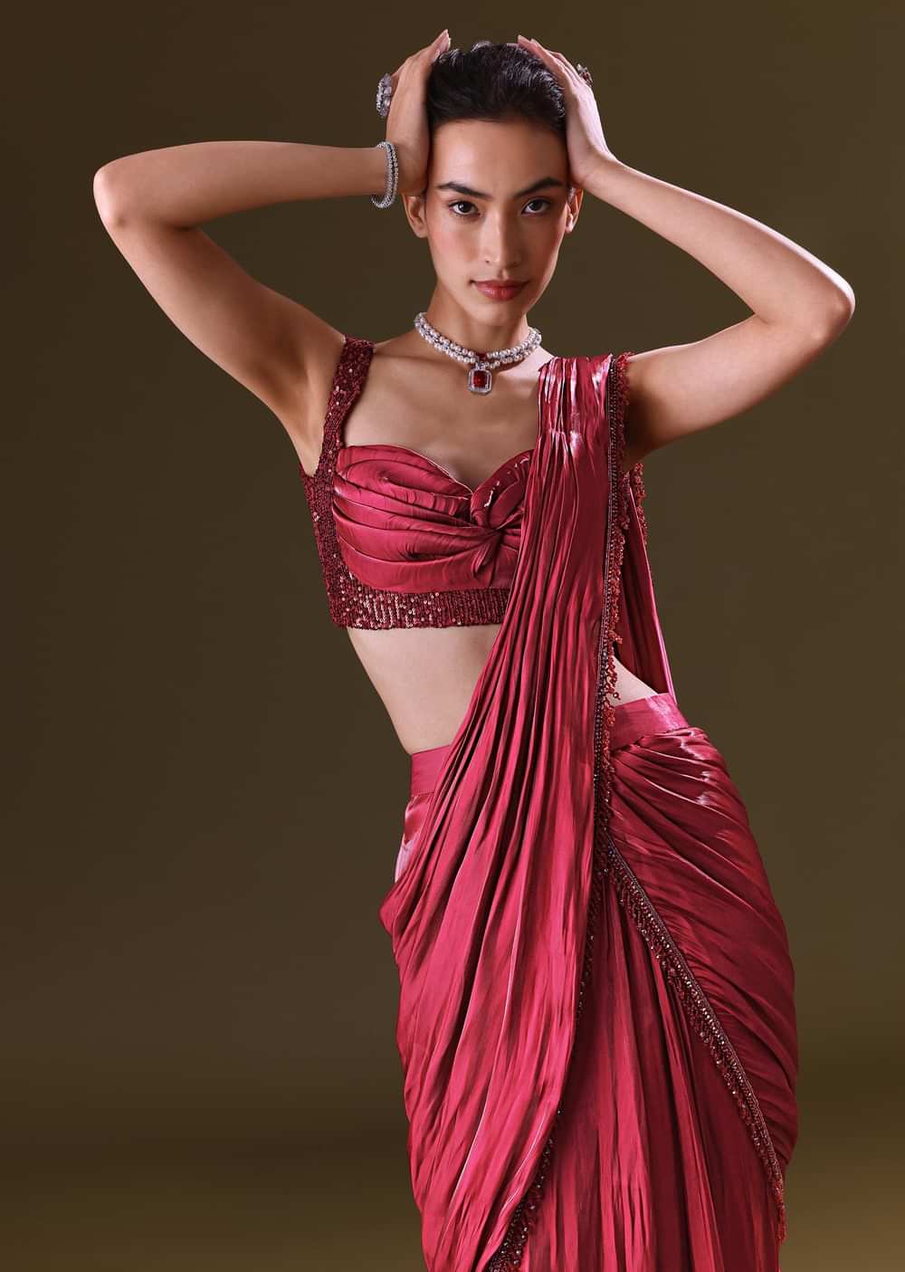 Scarlet Red Fancy Organza Pre Stitched Saree With Pre Pleated Blouse