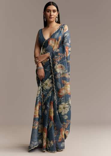 Teal Blue Tissue Saree With Floral Print And Embroidered Border