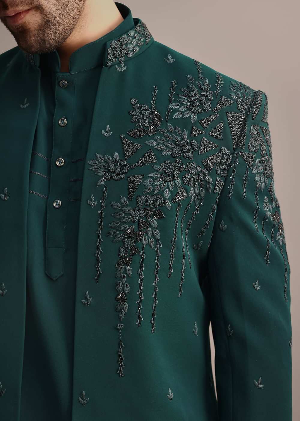 Teal Indowestern Set With Hand Work For Men
