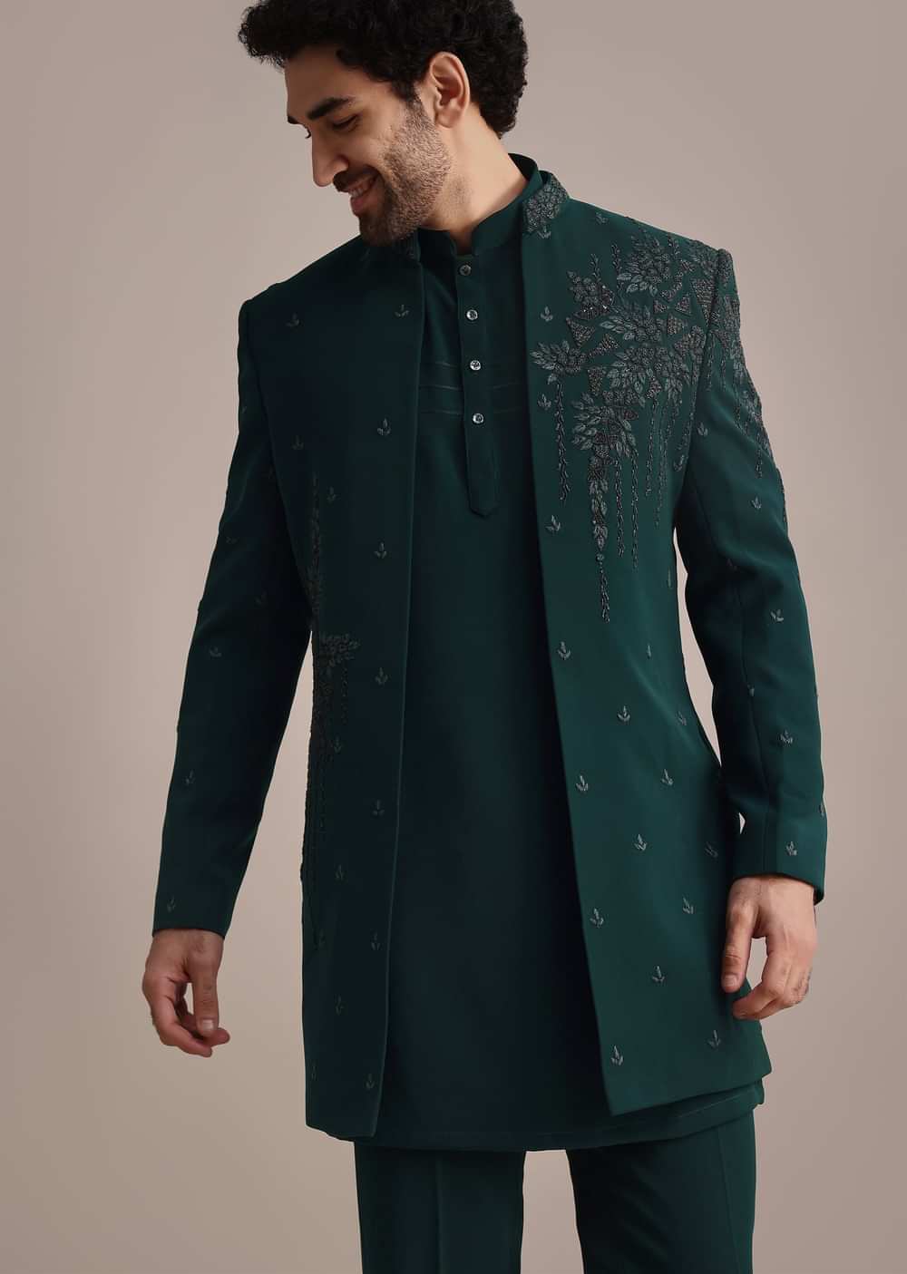 Teal Indowestern Set With Hand Work For Men