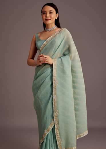 Turquoise Blue Crush Tissue Cutdana Work Saree With Embroidered Border