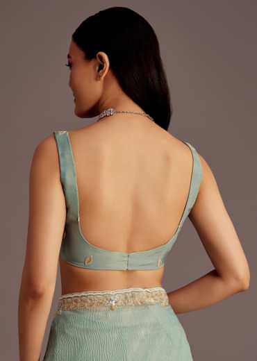 Turquoise Blue Crush Tissue Cutdana Work Saree With Embroidered Border