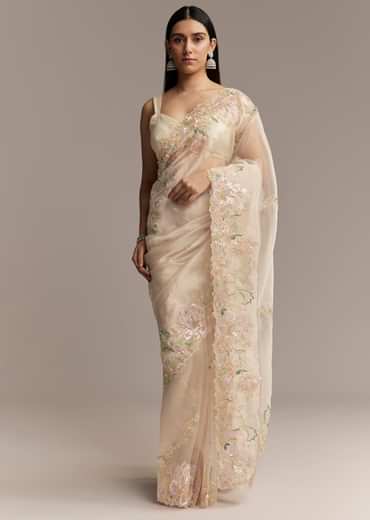 Water Gold Tissue Saree With Multicolor Floral Cutwork Embroidery