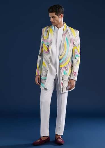 White Indo Western Set For Men With Hand Painted Work