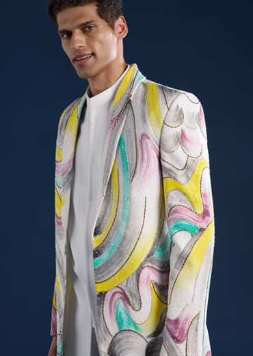 White Indo Western Set For Men With Hand Painted Work