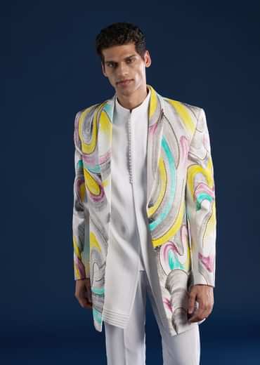 White Indo Western Set For Men With Hand Painted Work