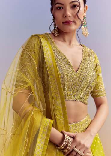 Yellow Brocade Organza Bridesmaid Lehenga With Zardosi Embroidery