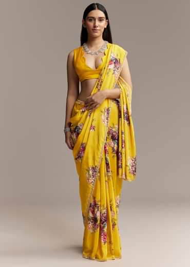 Yellow Crepe Saree With Floral Digital Print And Sequin Embroidery