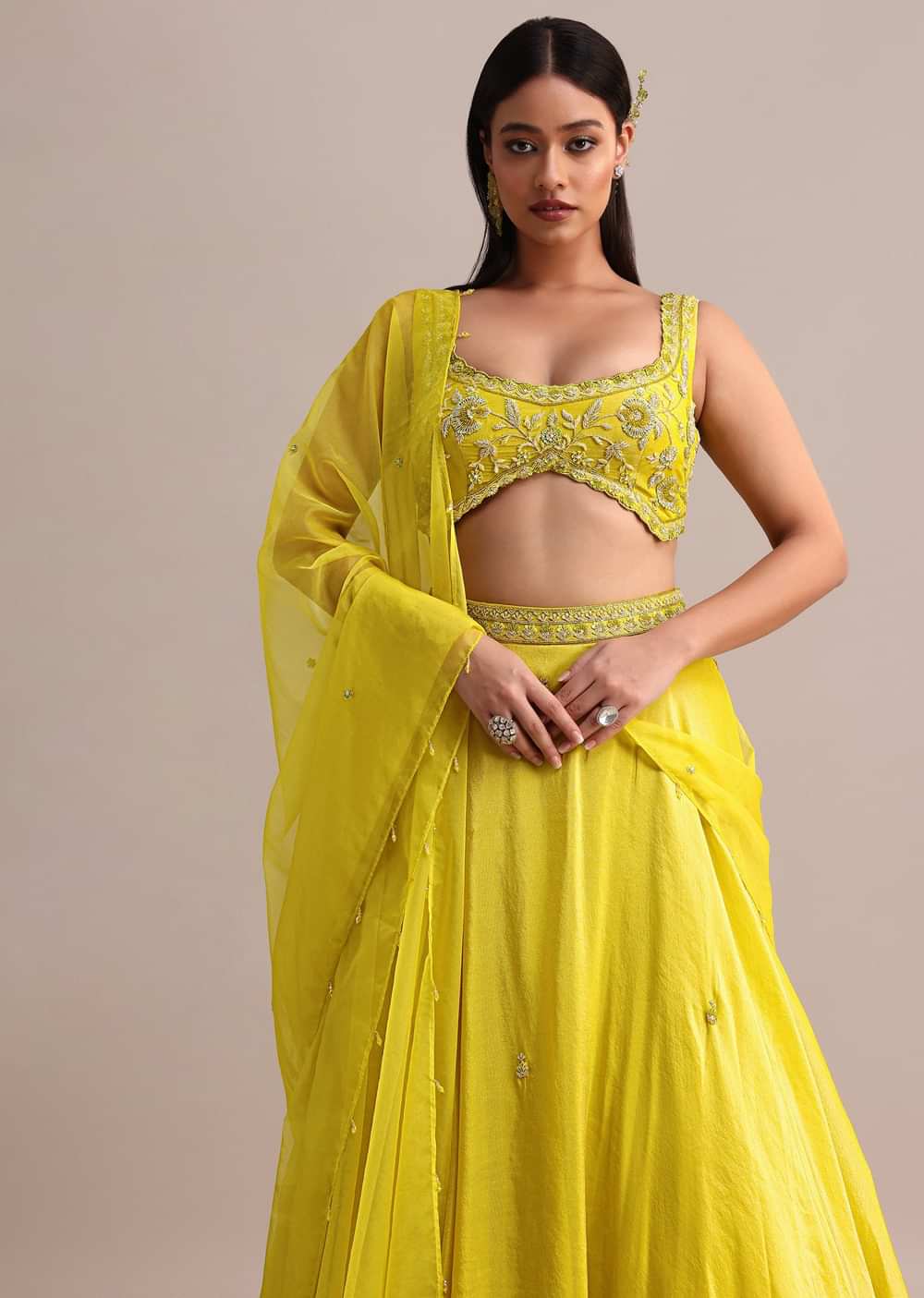 Yellow Garwal Tissue Double Circular Lehenga With Embroidered Blouse And Dupatta