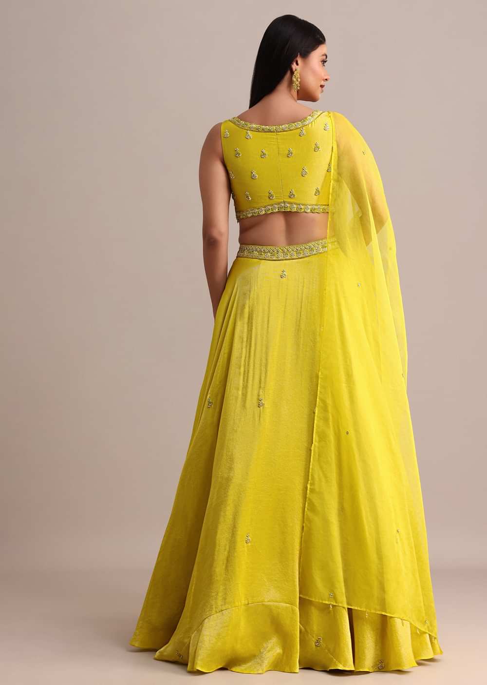 Yellow Garwal Tissue Double Circular Lehenga With Embroidered Blouse And Dupatta