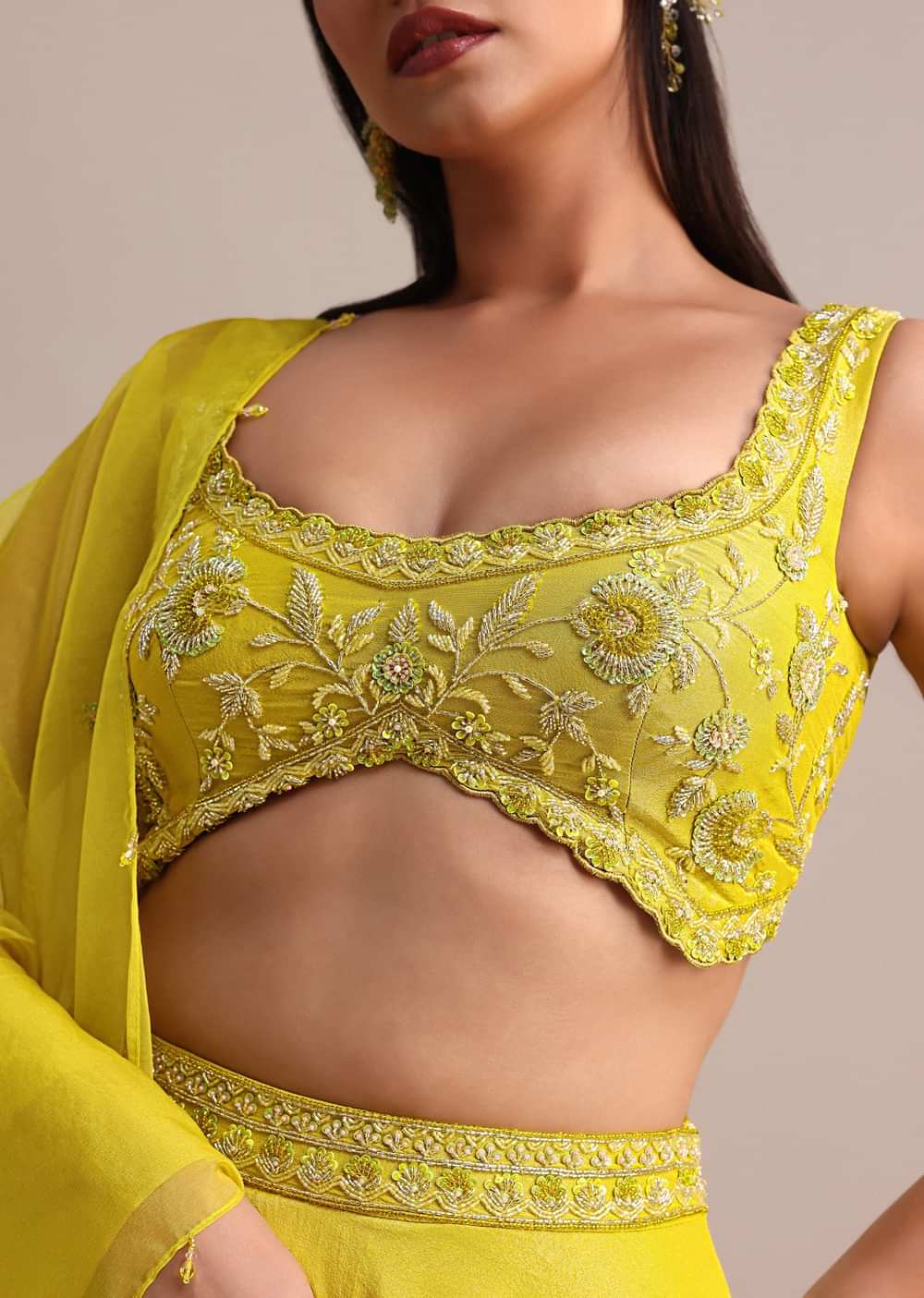 Yellow Garwal Tissue Double Circular Lehenga With Embroidered Blouse And Dupatta