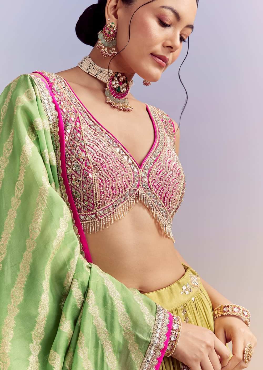 Yellow Organza Bridesmaid Lehenga With Brocade Silk Dupatta