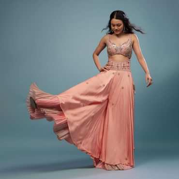 Peach Pink Embroidered Jumpsuit In Satin