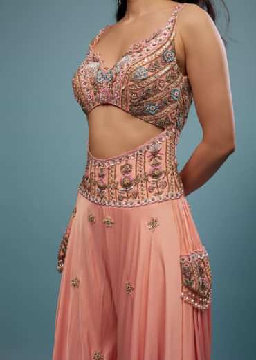 Peach Pink Embroidered Jumpsuit In Satin