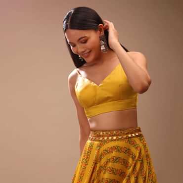 Amber Yellow Blouse In Satin With Strap Sleeves And Overlapping Geometric Neckline