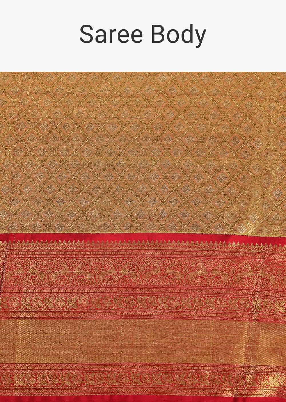 Fiery Red Gold-Toned Kanjivaram Saree In Tissue Silk With 14GM Real Zari Weave And Unstitched Blouse