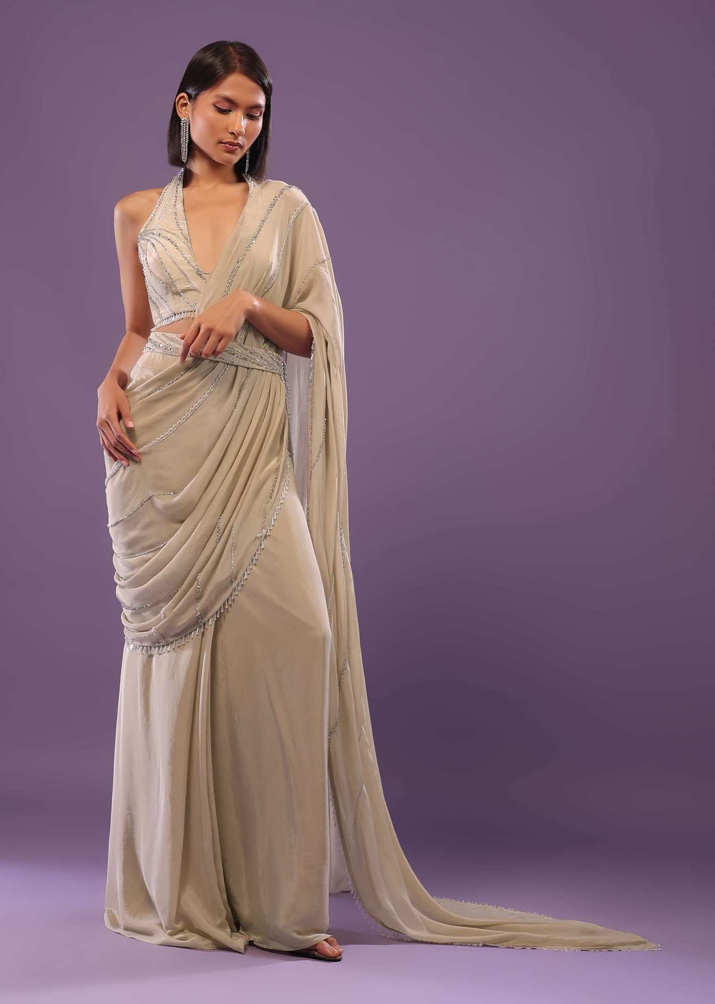 Nude White Embroidered Ready-Pleated Saree In Crepe