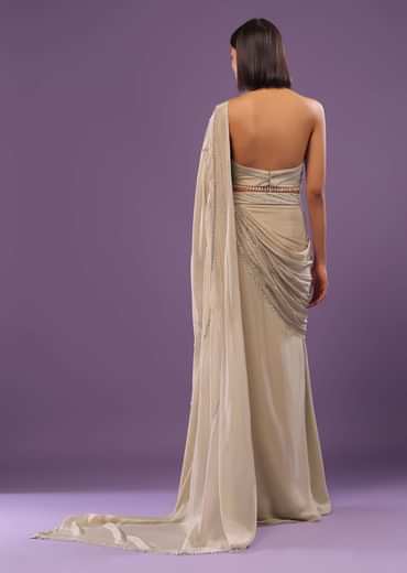 Nude White Embroidered Ready-Pleated Saree In Crepe