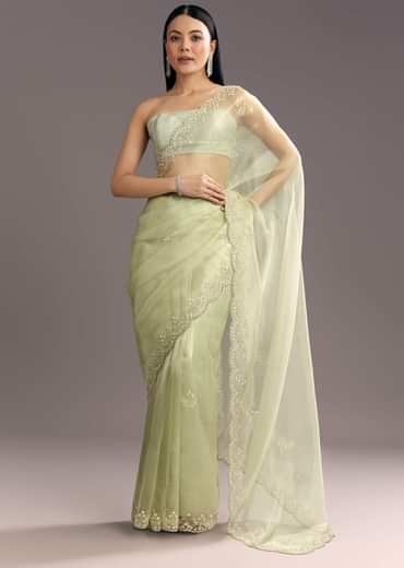 Apple Green Glass Tissue Saree With Cutdana Embroidery