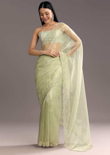Apple Green Glass Tissue Saree With Cutdana Embroidery