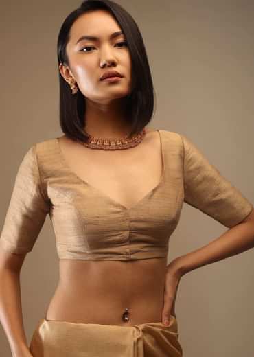 Apple Cinnamon Half Sleeveless Blouse In A Sweetheart Neckline Raw Silk With Front Hooks Closure