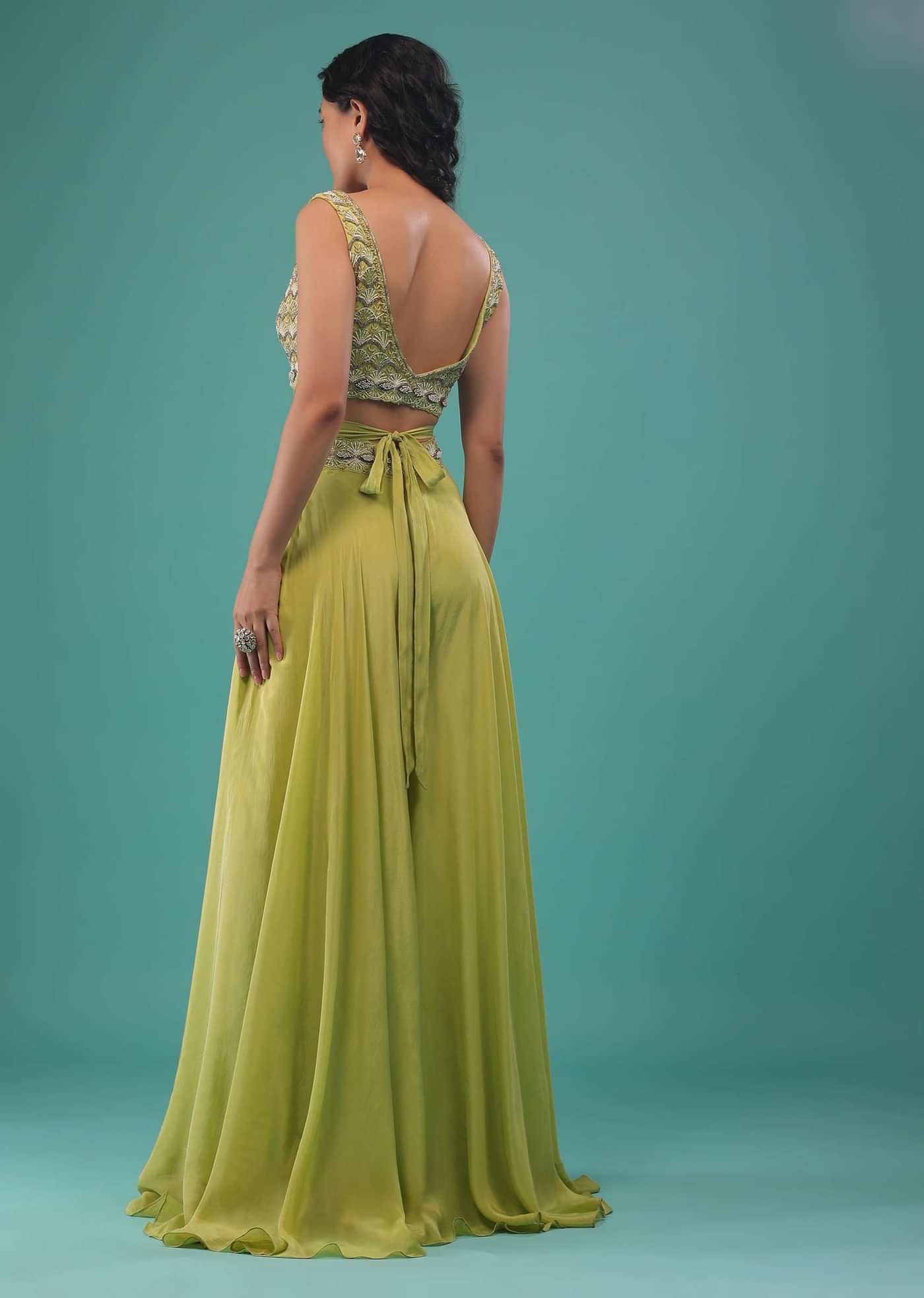 Citrus Green Flared Palazzo And A Crop Top Set, Crafted In Crepe With A Side Zip Closure