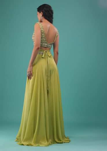 Citrus Green Flared Palazzo And A Crop Top Set, Crafted In Crepe With A Side Zip Closure