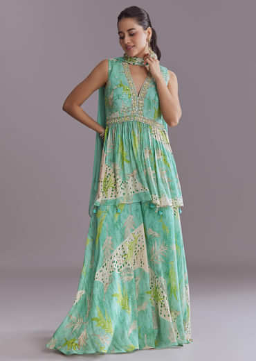 Aqua Blue Chinon Palazzo Suit With Printed Motifs