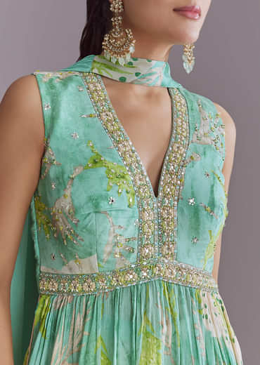 Aqua Blue Chinon Palazzo Suit With Printed Motifs