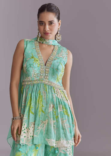 Aqua Blue Chinon Palazzo Suit With Printed Motifs