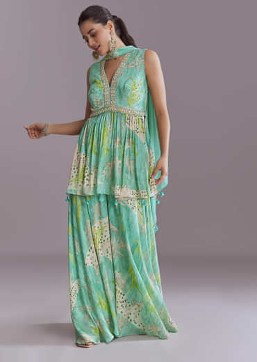 Aqua Blue Chinon Palazzo Suit With Printed Motifs