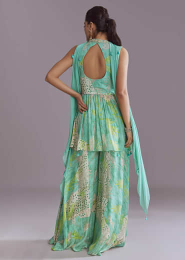 Aqua Blue Chinon Palazzo Suit With Printed Motifs